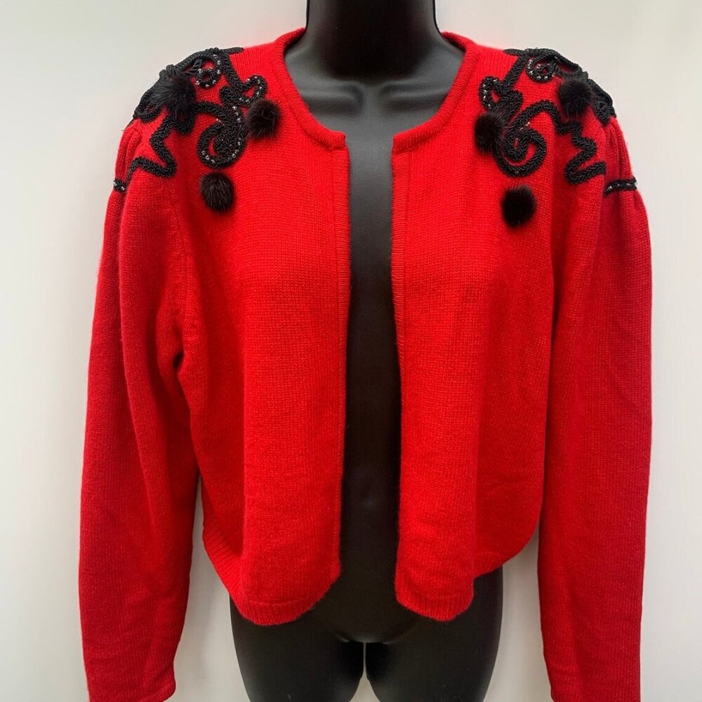 Red wool cardigan with vintage embroidery/Red and black vest with fur pompoms